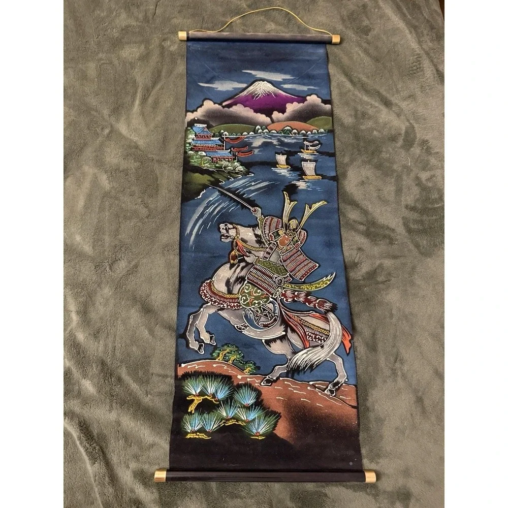 Vintage Japanese Velvet Wall Scrolls Mt. Fuji Tiger Samurai Peacock Geisha